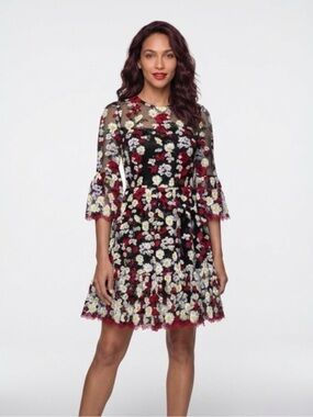 NWOT Dolce  & Gabbana Black Mini Dress with Red and White Floral Embroidery